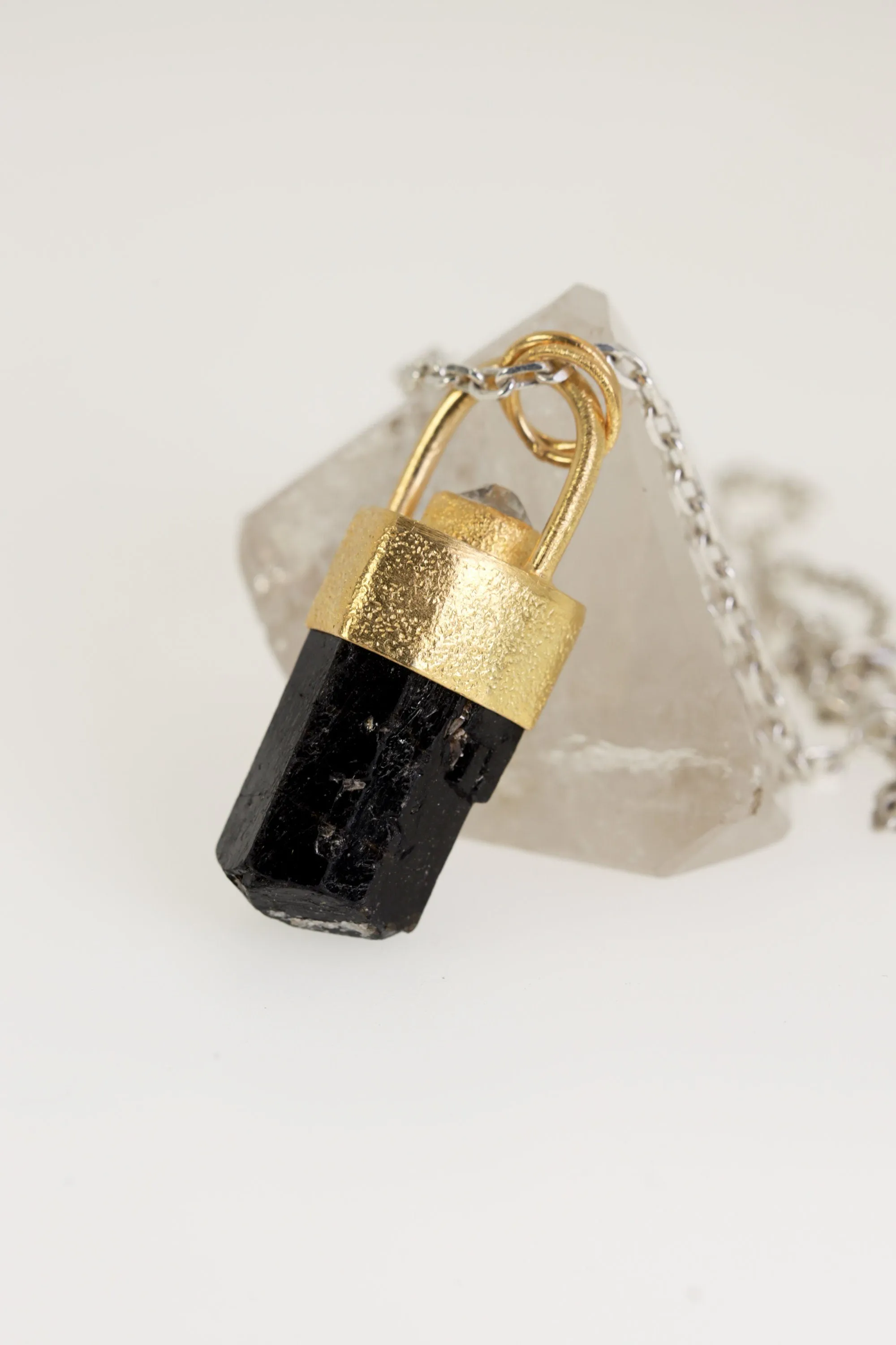 Gold-plated sterling Silver Pendant with Himalayan Terminated Brown Dravite Tourmaline & Herkimer Diamond, Sand Texture Finish,Unique Gift
