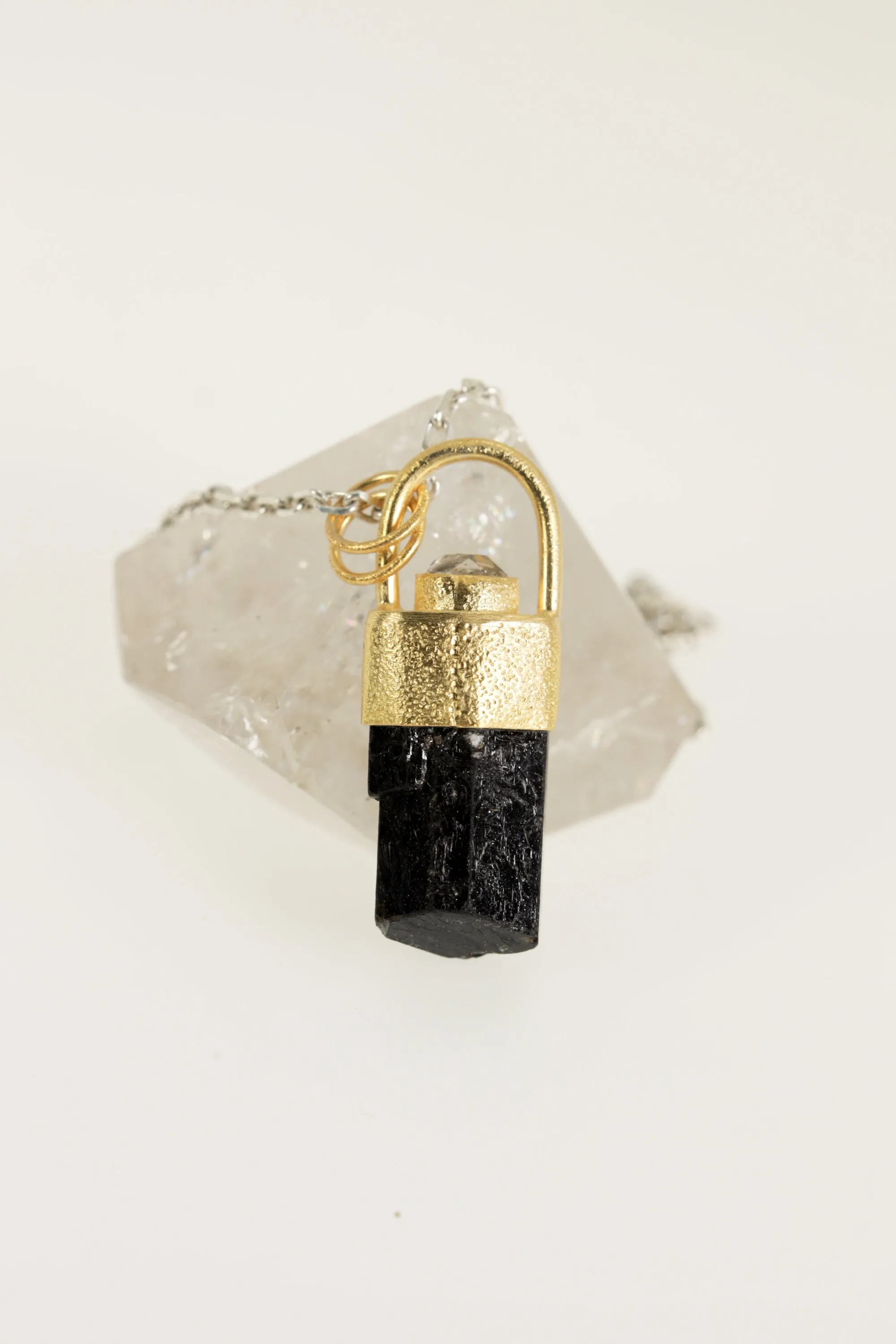 Gold-plated sterling Silver Pendant with Himalayan Terminated Brown Dravite Tourmaline & Herkimer Diamond, Sand Texture Finish,Unique Gift
