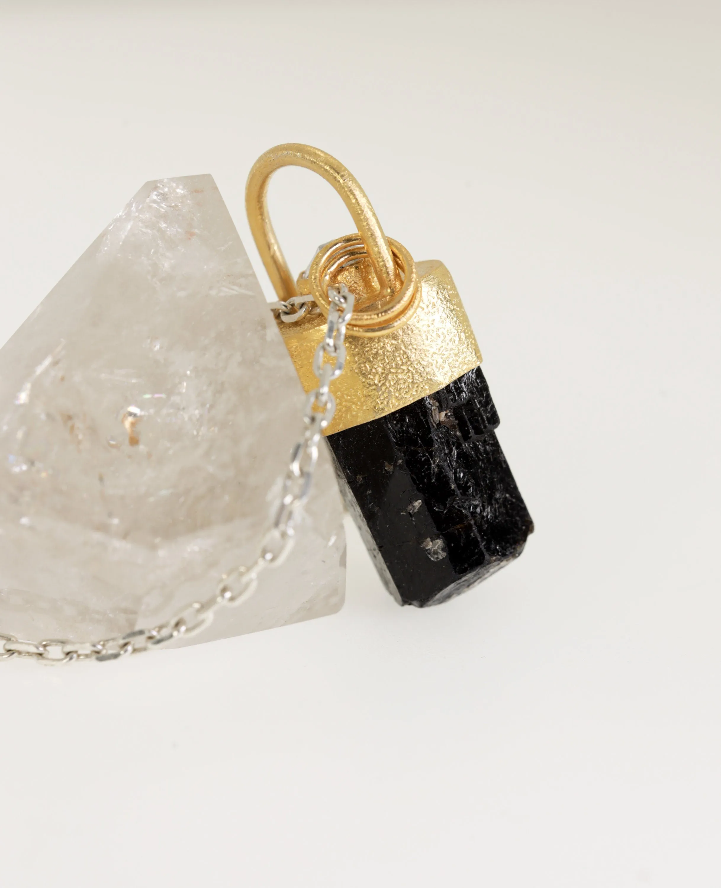 Gold-plated sterling Silver Pendant with Himalayan Terminated Brown Dravite Tourmaline & Herkimer Diamond, Sand Texture Finish,Unique Gift
