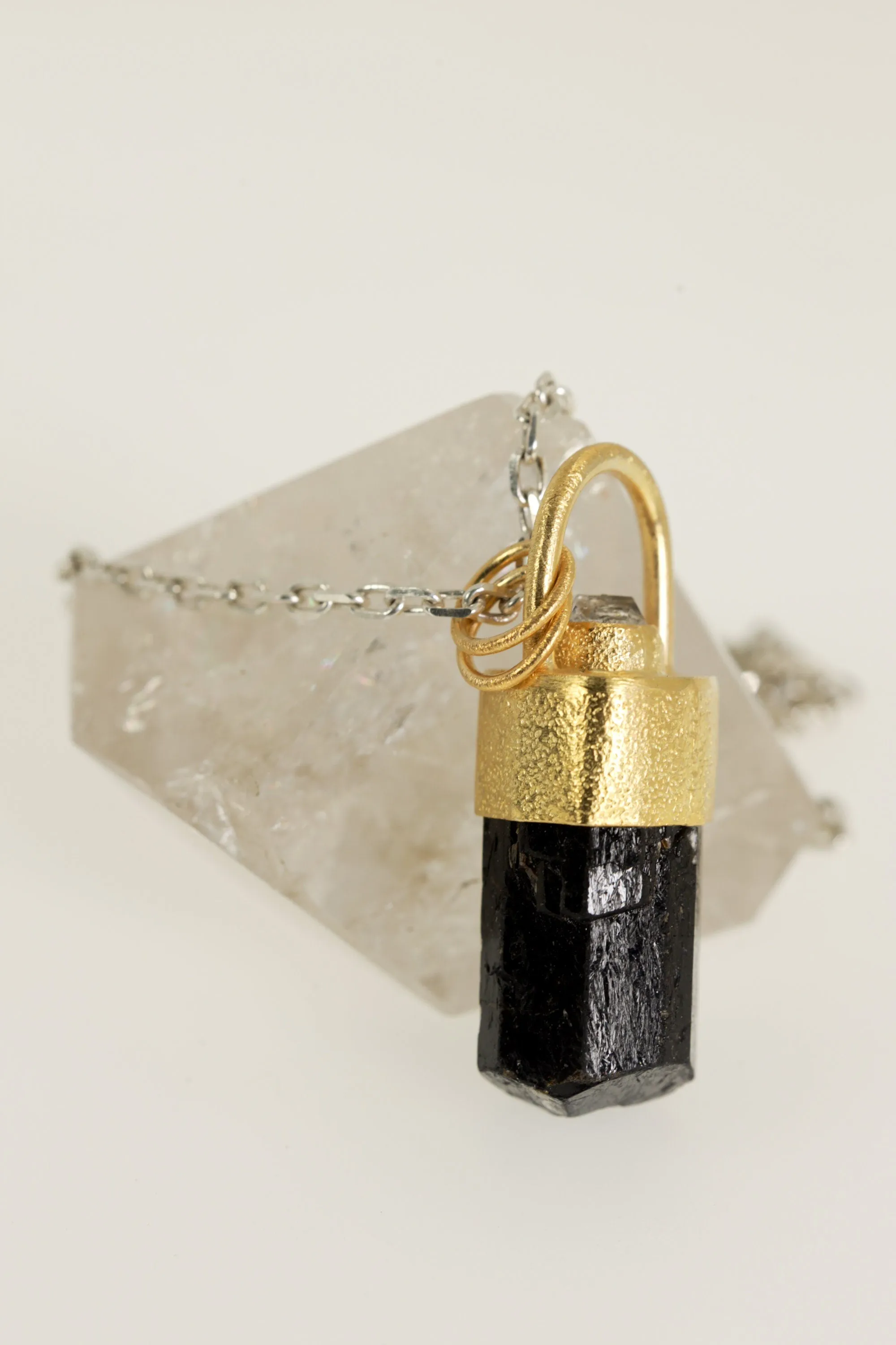 Gold-plated sterling Silver Pendant with Himalayan Terminated Brown Dravite Tourmaline & Herkimer Diamond, Sand Texture Finish,Unique Gift