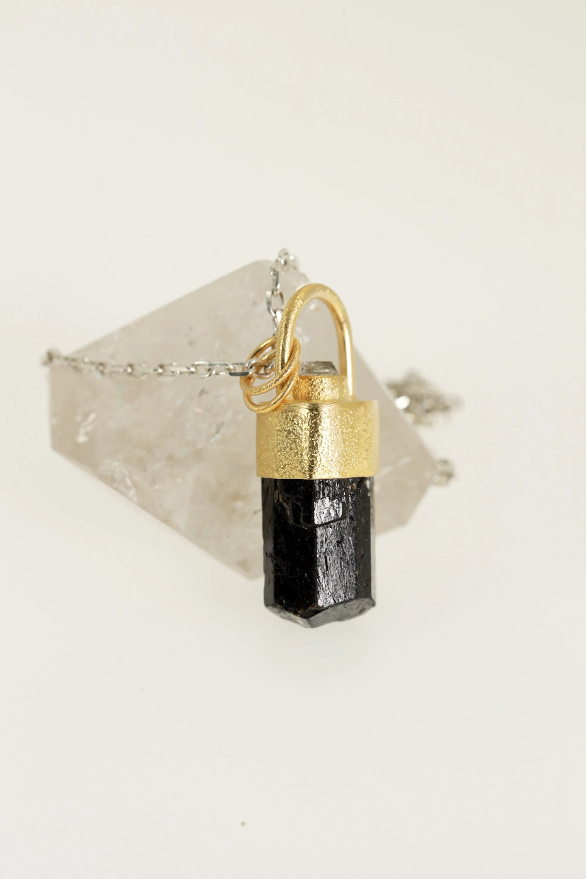 Gold-plated sterling Silver Pendant with Himalayan Terminated Brown Dravite Tourmaline & Herkimer Diamond, Sand Texture Finish,Unique Gift