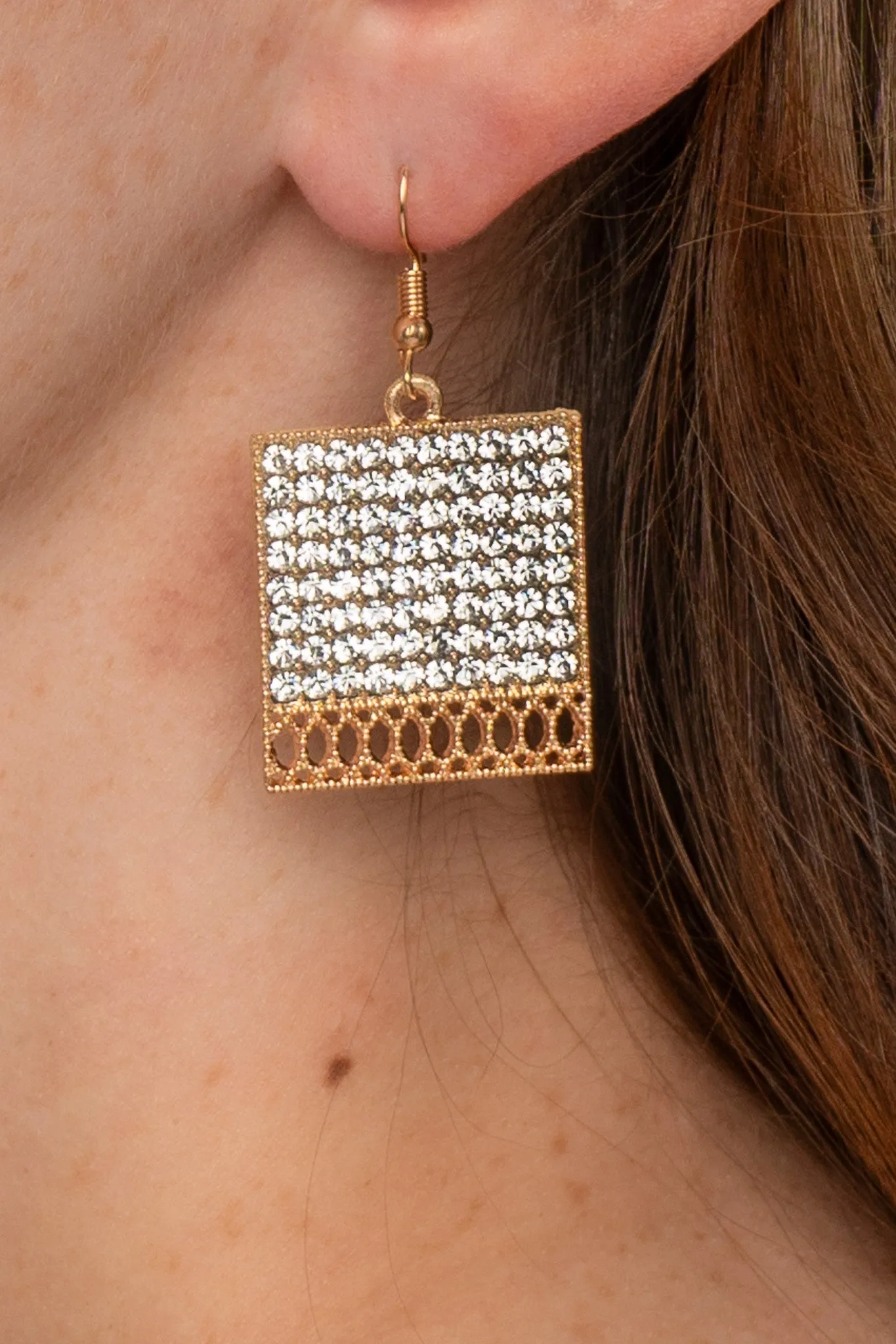 Gold Thatched Rhinestone Drop Earrings