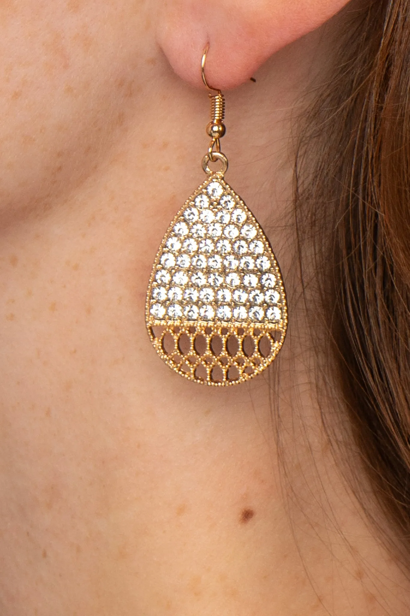Gold Thatched Rhinestone Drop Earrings