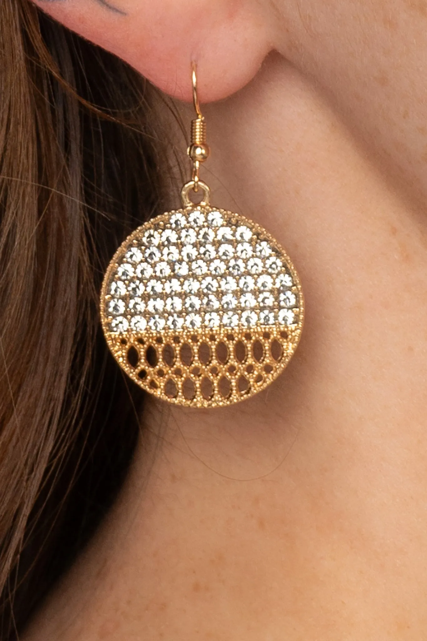 Gold Thatched Rhinestone Drop Earrings