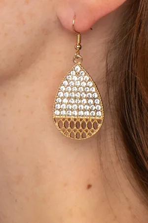 Gold Thatched Rhinestone Drop Earrings