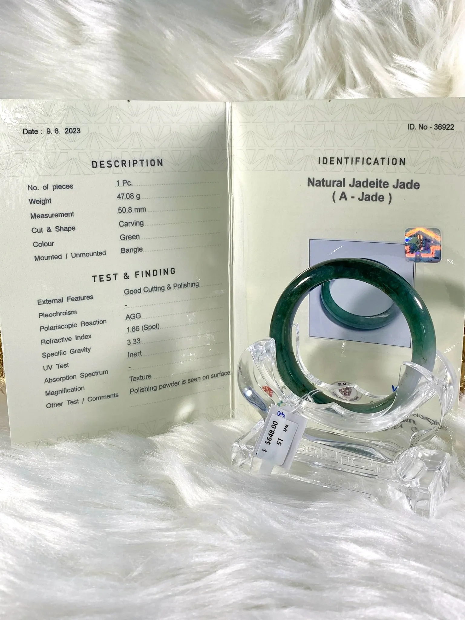 Grade A Natural Jade Bangle with certificate #36922