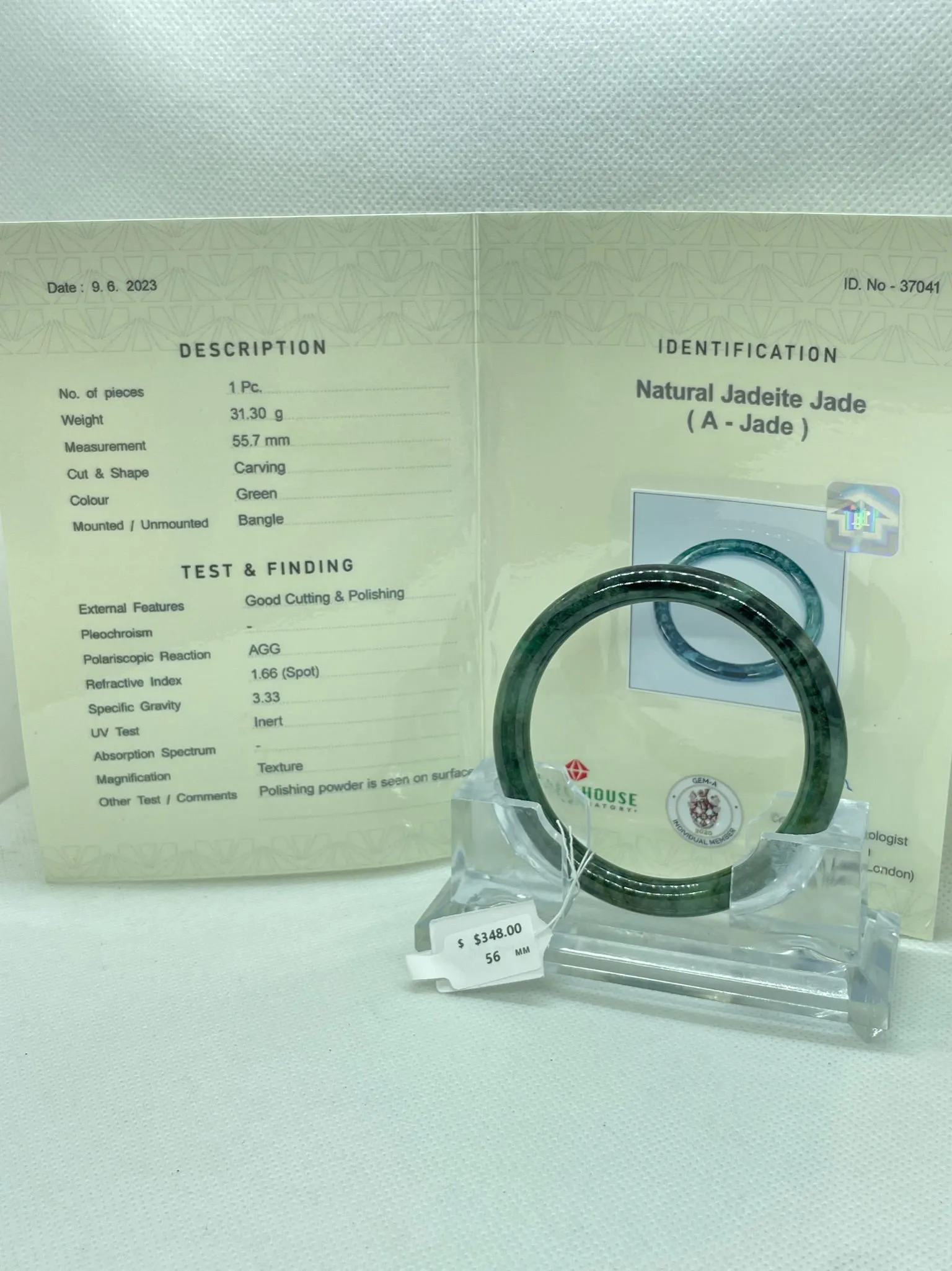 Grade A Natural Jade Bangle with certificate #37041