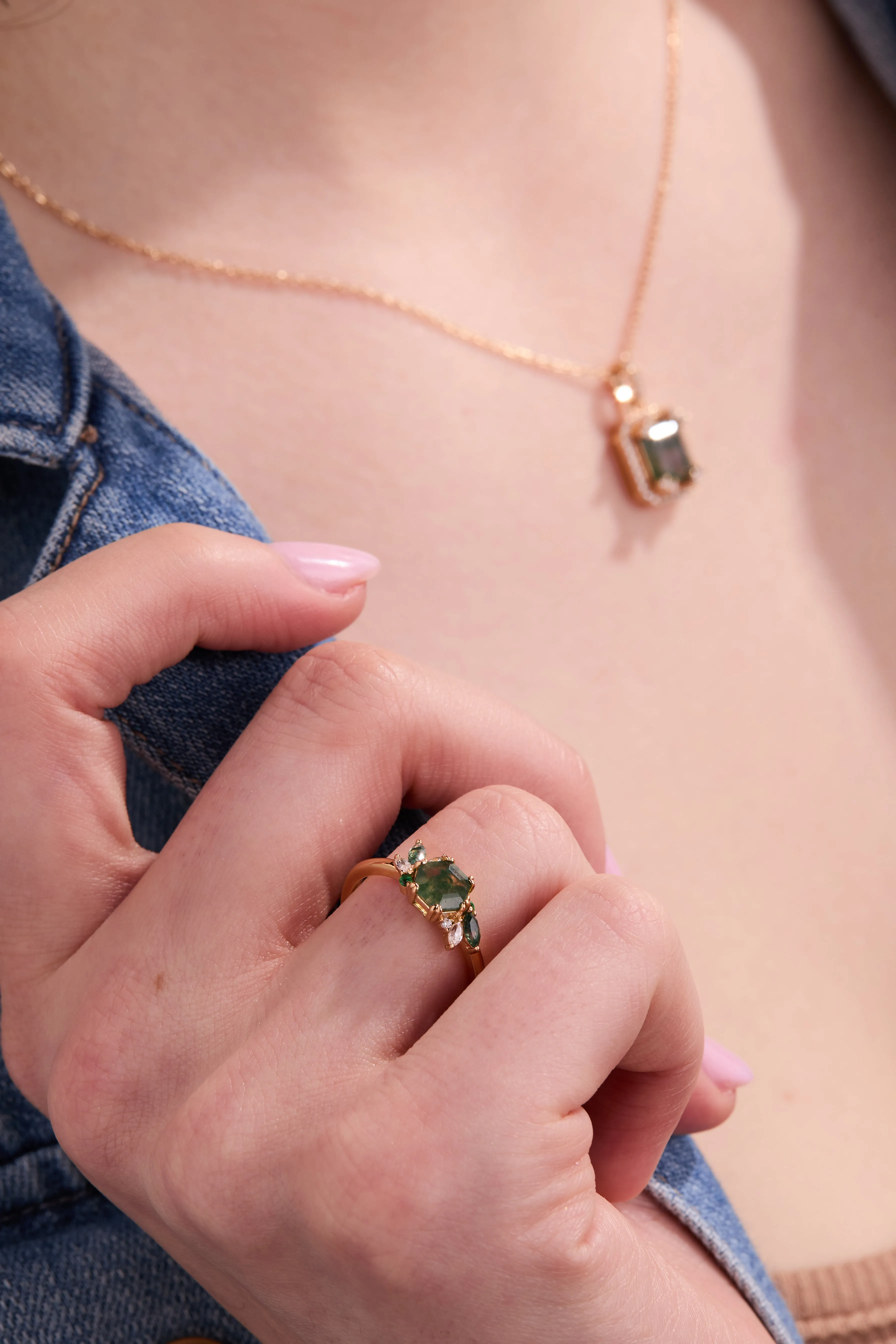 Green Moss Succulent Gold Adjustable Ring W.