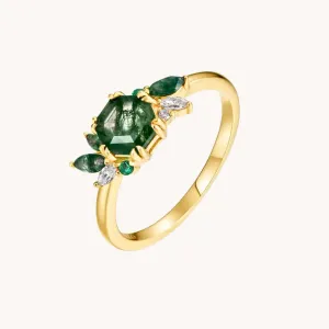 Green Moss Succulent Gold Adjustable Ring W.