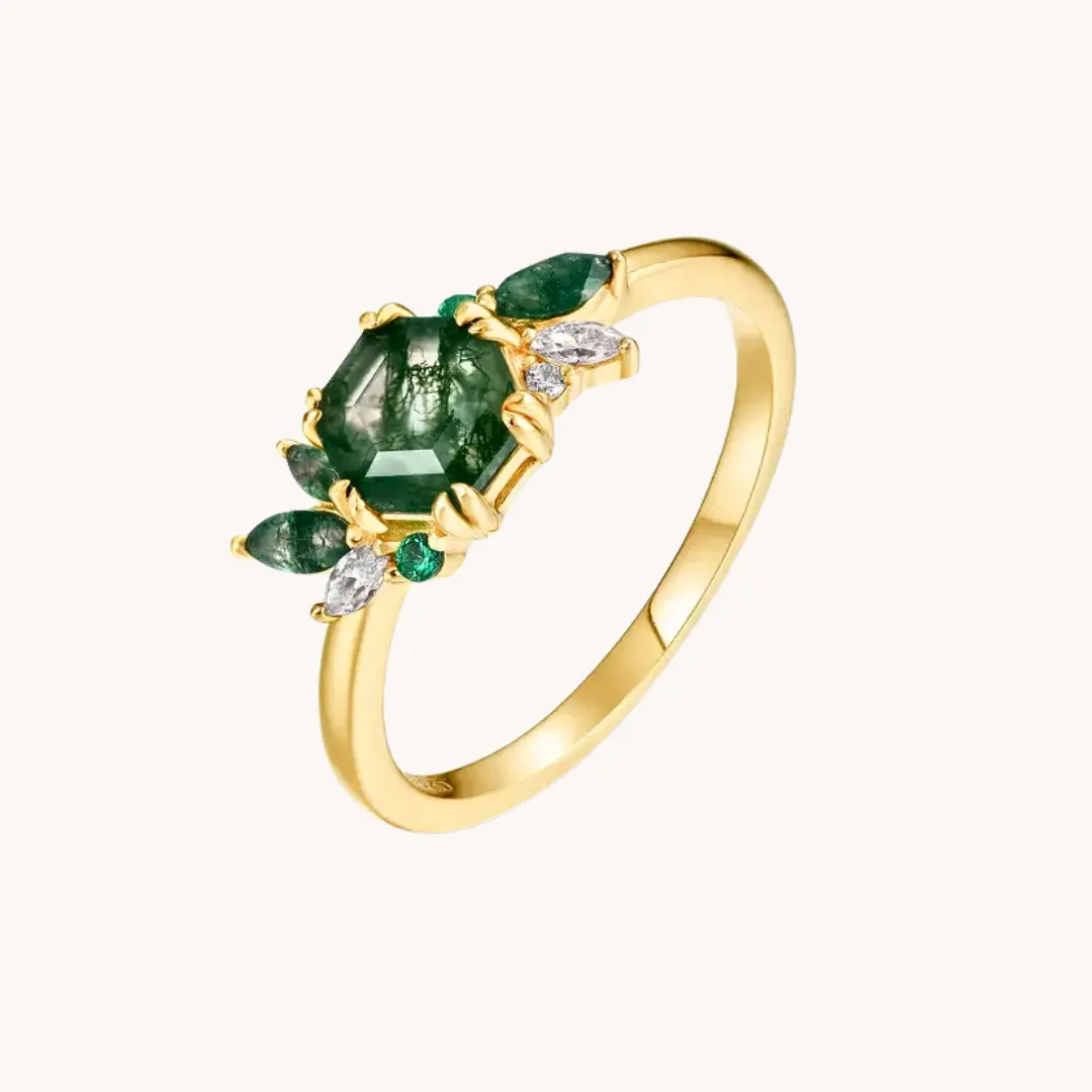 Green Moss Succulent Gold Adjustable Ring W.