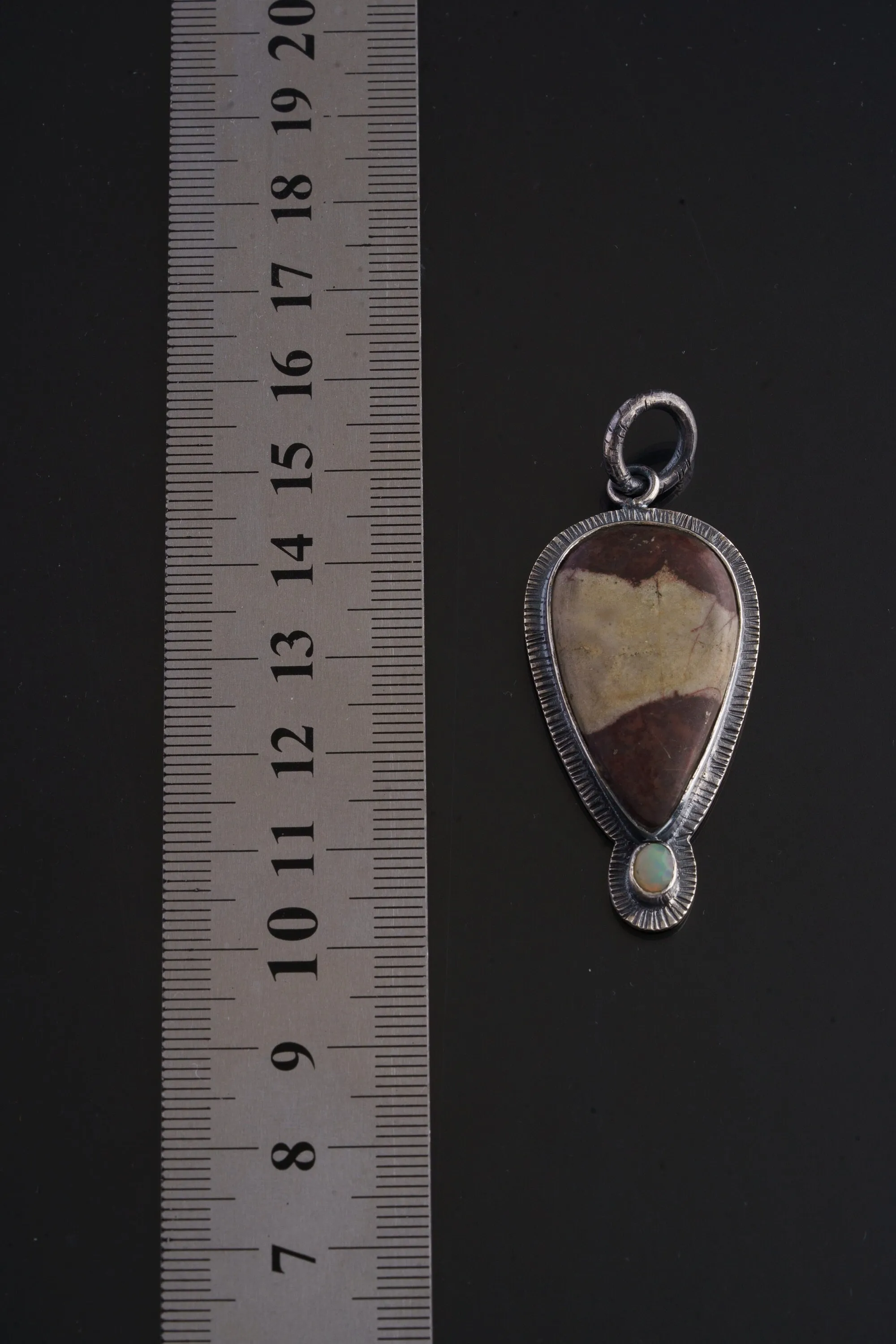 Grounding Australian Mookaite and Fiery Ethiopian Opal Pendant - Oxidised  Sterling Silver with Sun Ray Details