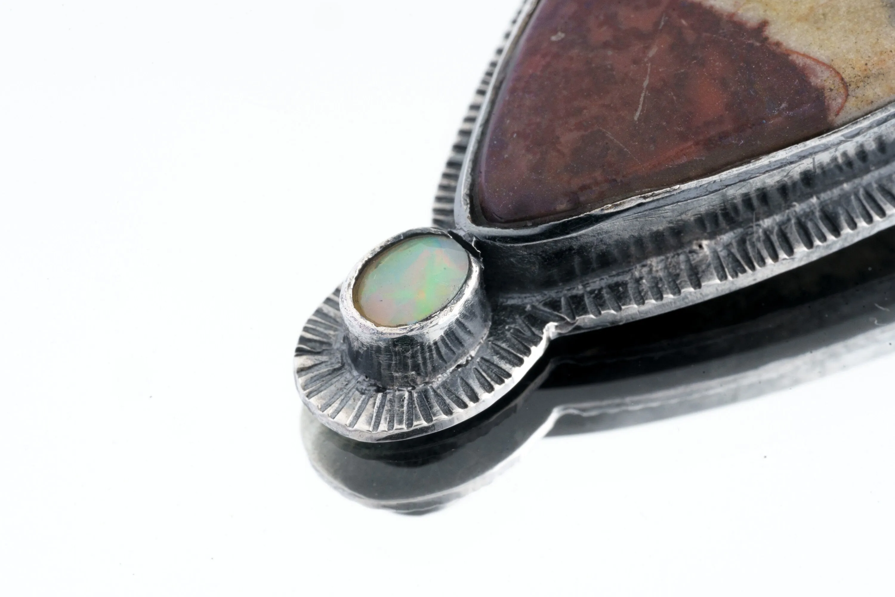 Grounding Australian Mookaite and Fiery Ethiopian Opal Pendant - Oxidised  Sterling Silver with Sun Ray Details