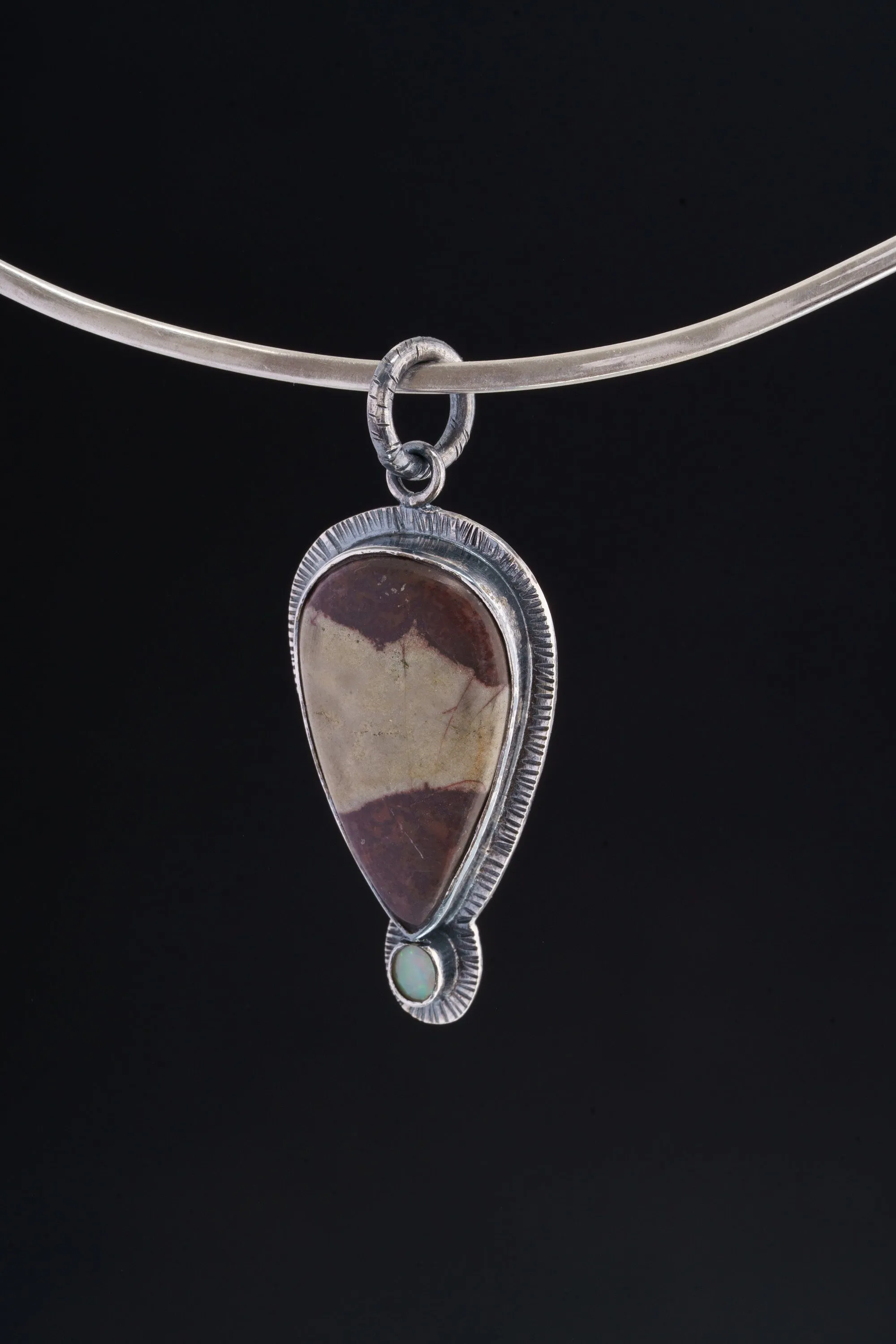Grounding Australian Mookaite and Fiery Ethiopian Opal Pendant - Oxidised  Sterling Silver with Sun Ray Details