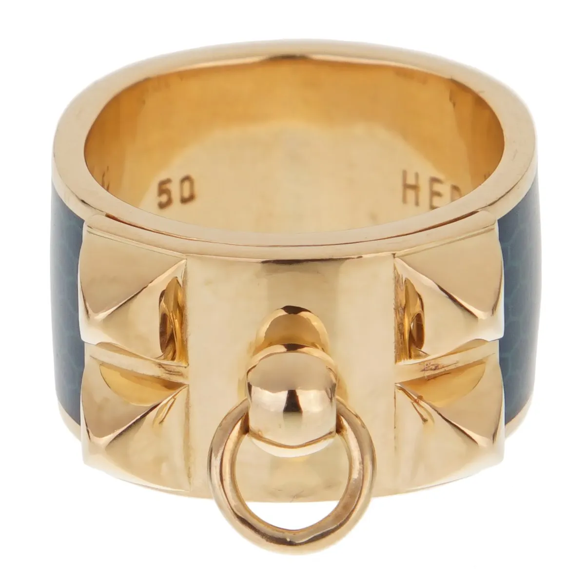 Hermes Collier De Chien Gold Blue Enamel Ring Sz 5