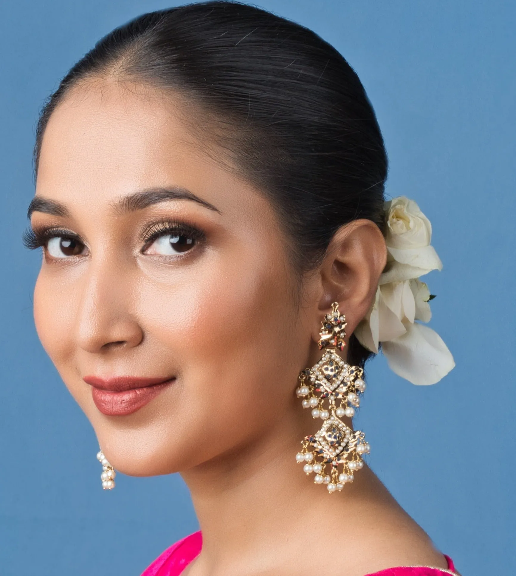 Inara Jadau Chaandbaali Earrings - White and Blue