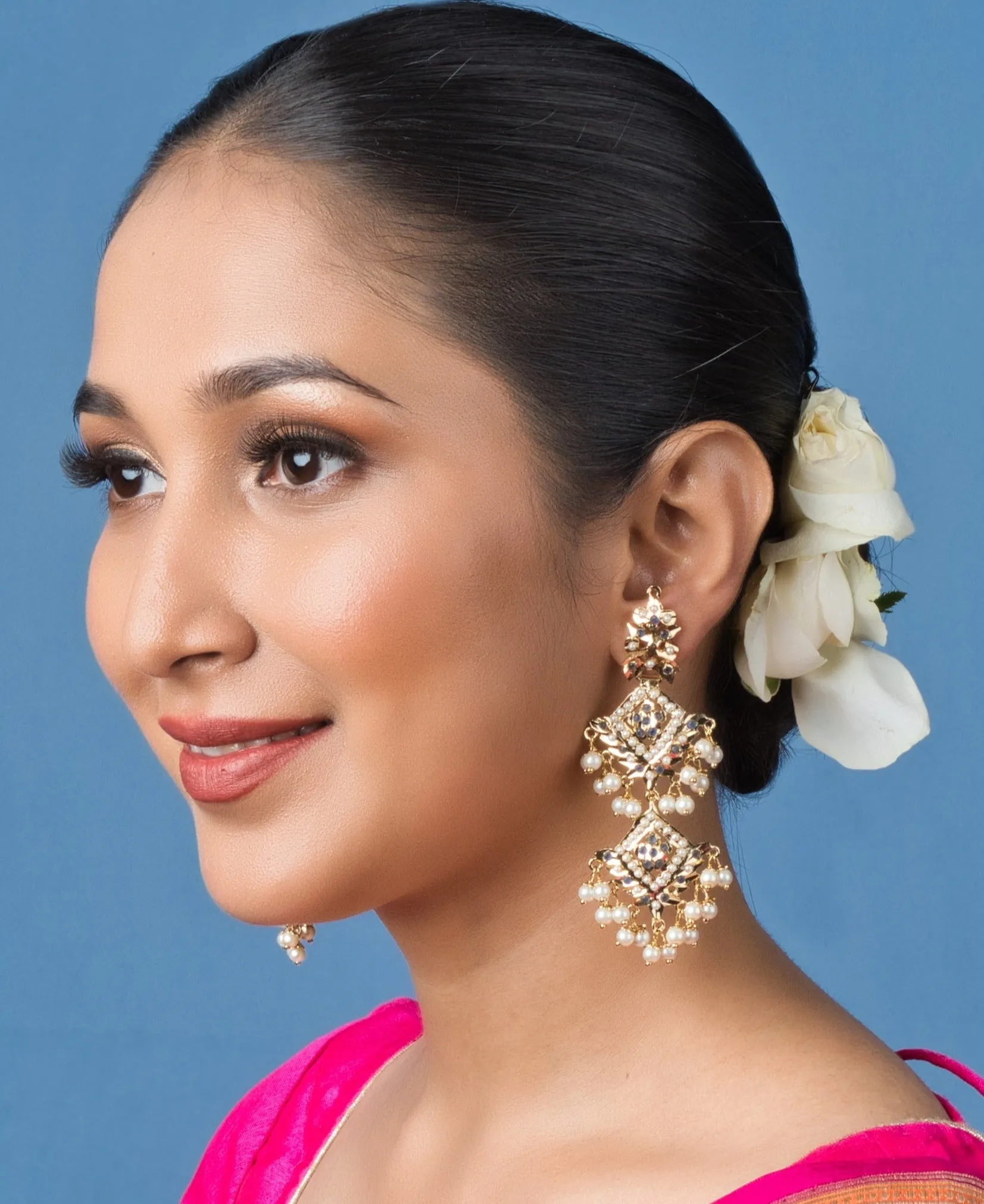Inara Jadau Chaandbaali Earrings - White and Blue