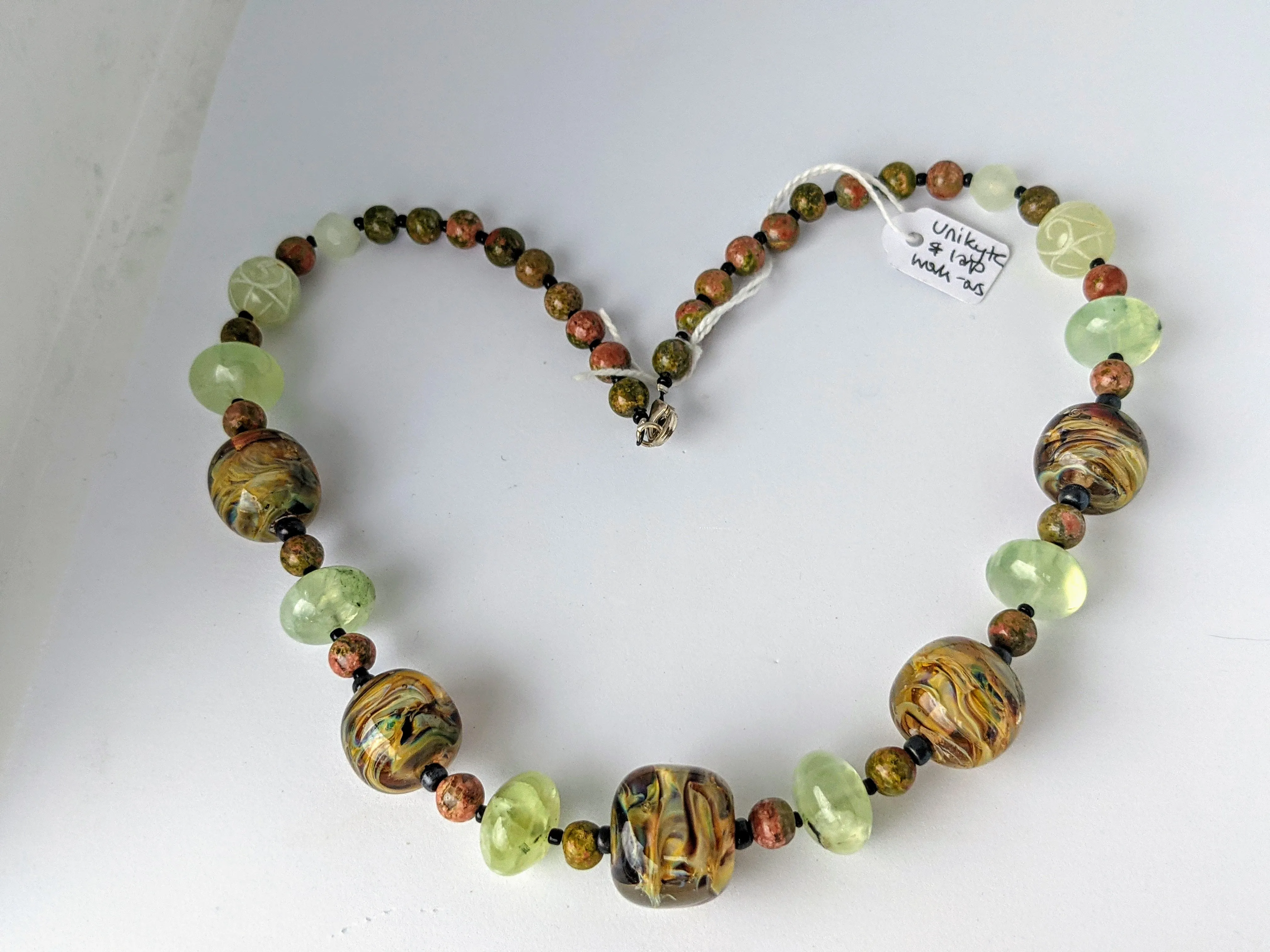 Jade, Unakite, Prehnite & Glass Beaded Necklace