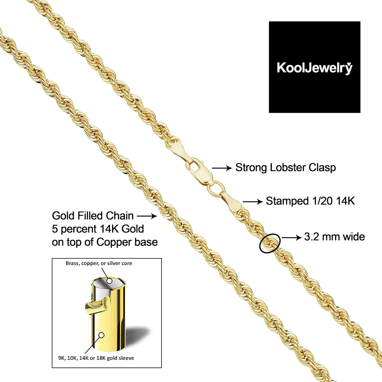 Kooljewelry Solid 14k Yellow Gold Filled Rope Chain Necklace for Men and Women (2.1 mm, 3.2 mm, 4.2 mm or 6 mm)