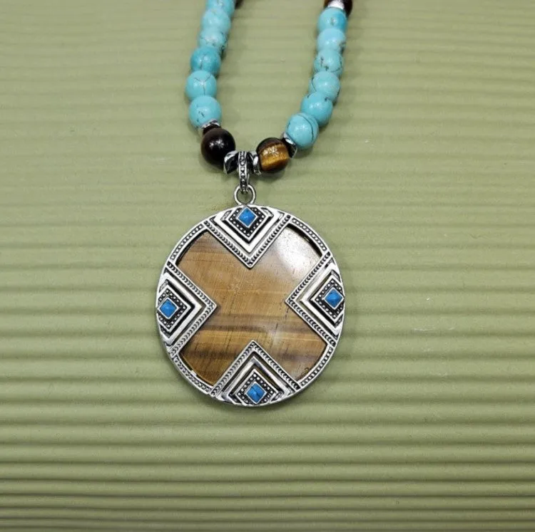 Large Silver Tiger Eye Pendant Strang on Turquoise and Tiger Eye bead Necklaces