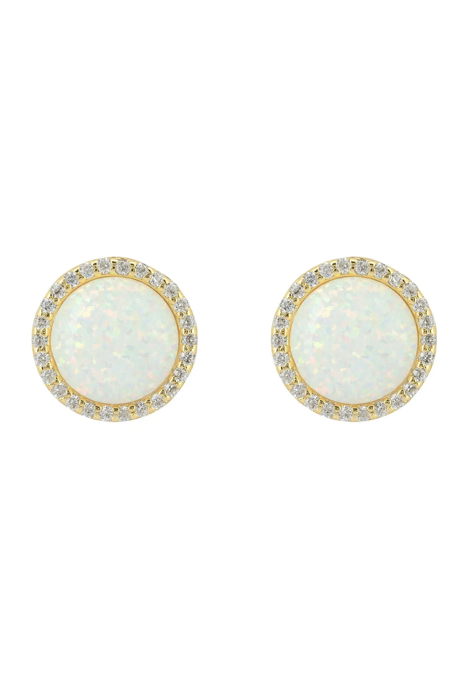 Large Sparkling Halo Opal Stud Earrings Gold