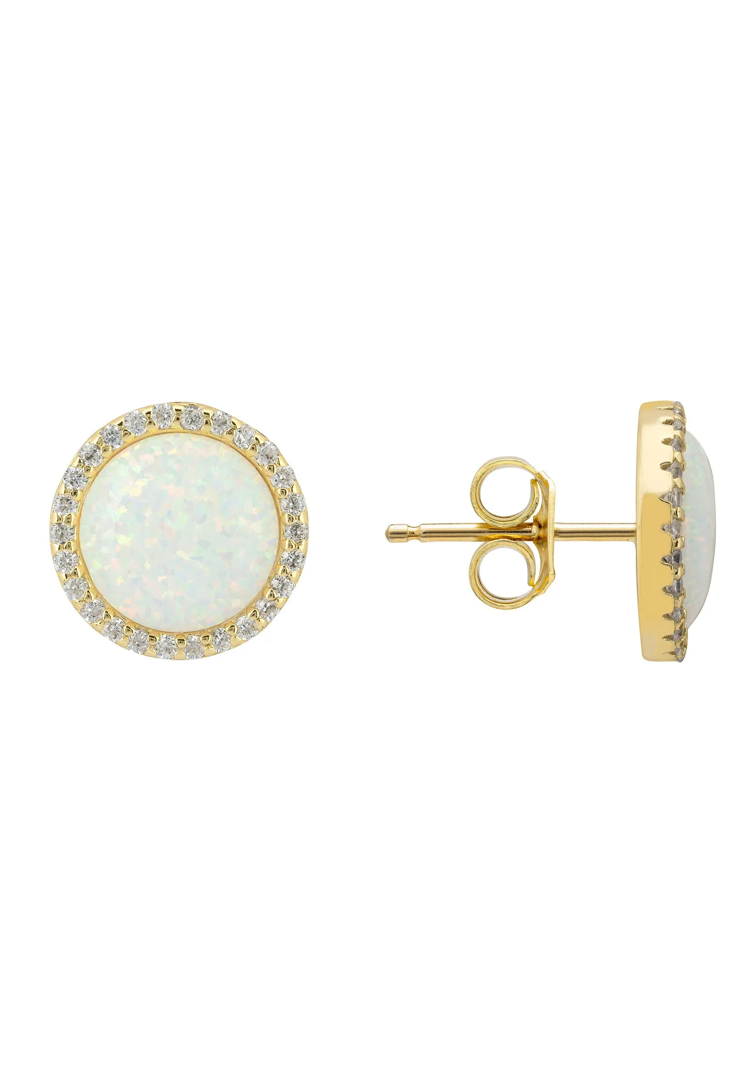Large Sparkling Halo Opal Stud Earrings Gold