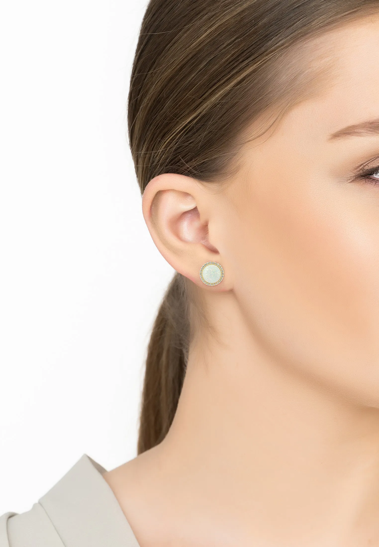 Large Sparkling Halo Opal Stud Earrings Gold