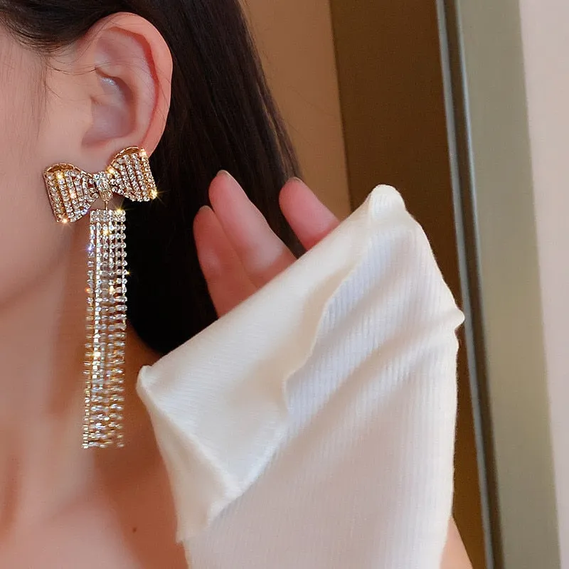 Long Tassel Rhinestone Drop Earrings Exquisite Bowknot Crystal Dangle Earrings