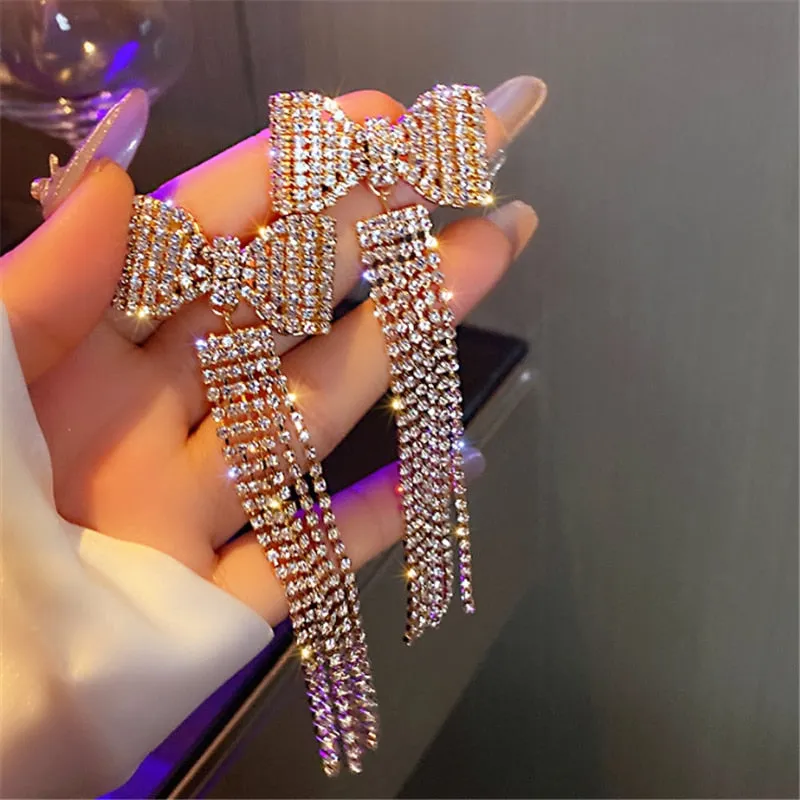 Long Tassel Rhinestone Drop Earrings Exquisite Bowknot Crystal Dangle Earrings