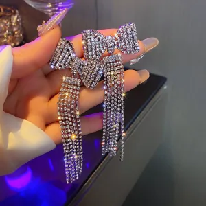 Long Tassel Rhinestone Drop Earrings Exquisite Bowknot Crystal Dangle Earrings