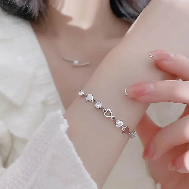 Luxury Crystal Hearts 925 Sterling Silver Pendant Bracelets for Women Versatile Charm Jewelry Accessories