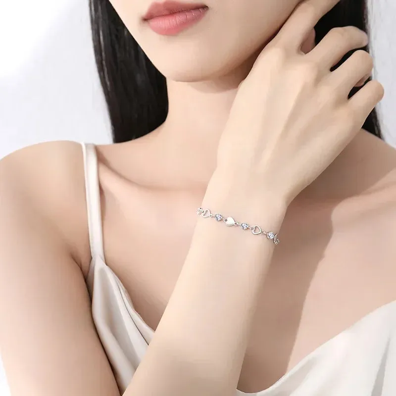 Luxury Crystal Hearts 925 Sterling Silver Pendant Bracelets for Women Versatile Charm Jewelry Accessories
