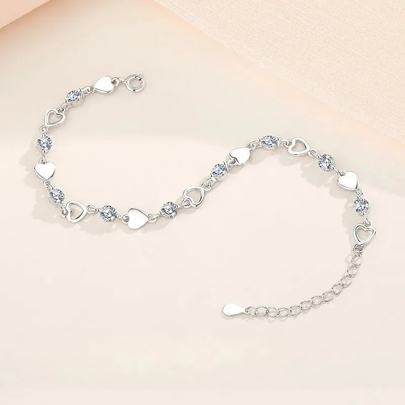 Luxury Crystal Hearts 925 Sterling Silver Pendant Bracelets for Women Versatile Charm Jewelry Accessories