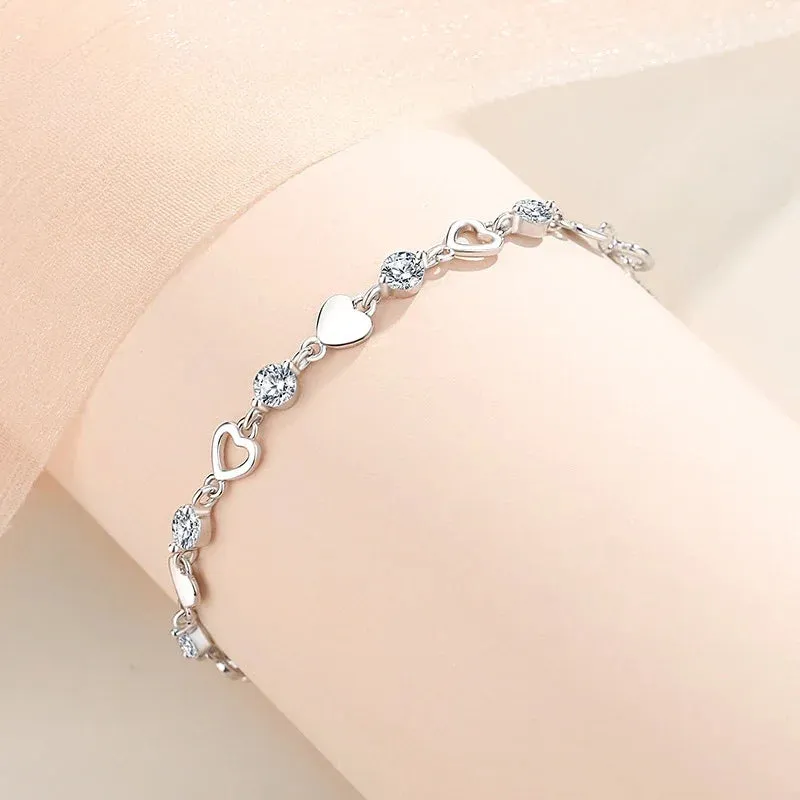 Luxury Crystal Hearts 925 Sterling Silver Pendant Bracelets for Women Versatile Charm Jewelry Accessories