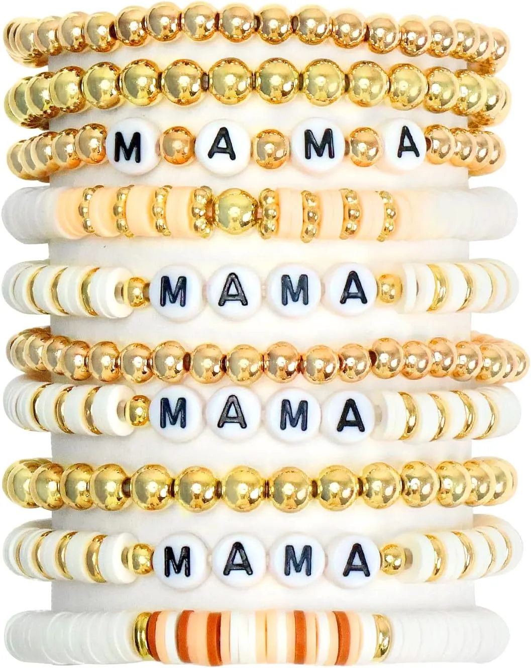 MAMA Beaded Stretch Bracelets for Women Bohemian Summer Beach Stackable Polymer Clay Gold Beaded Stretch Bracelets Elastic Layering Friendship Boho Bracelets Set (10 Pcs)