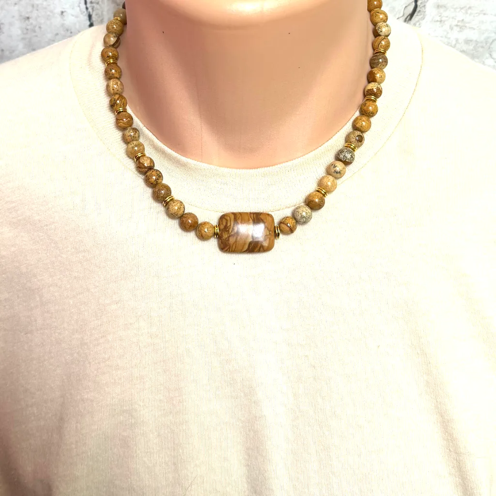 Mens Picture Jasper Beaded Stone Necklace