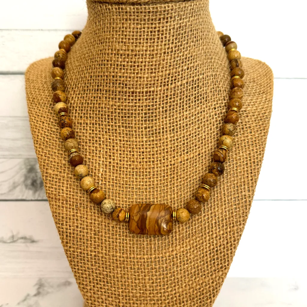 Mens Picture Jasper Beaded Stone Necklace