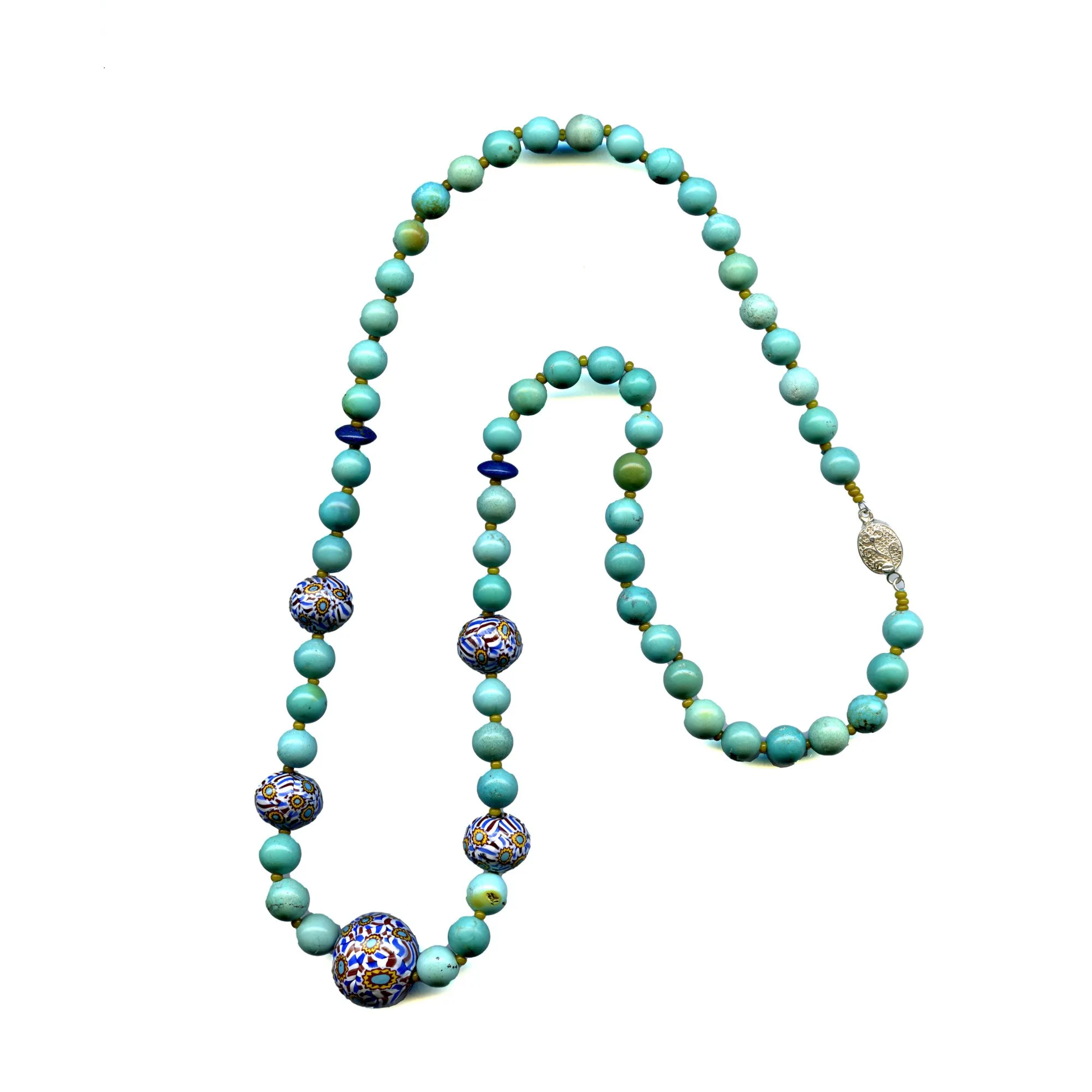 Millefiori & Turquoise Necklace. 25" long. j-nlbd2182