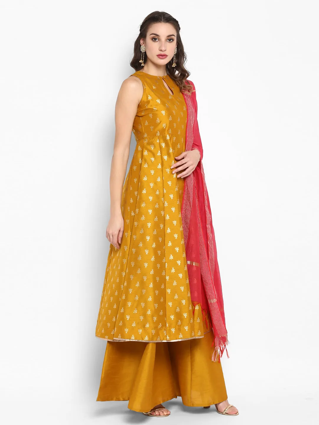 Mustard Poly Silk Kurta With Palazzo and Dupatta