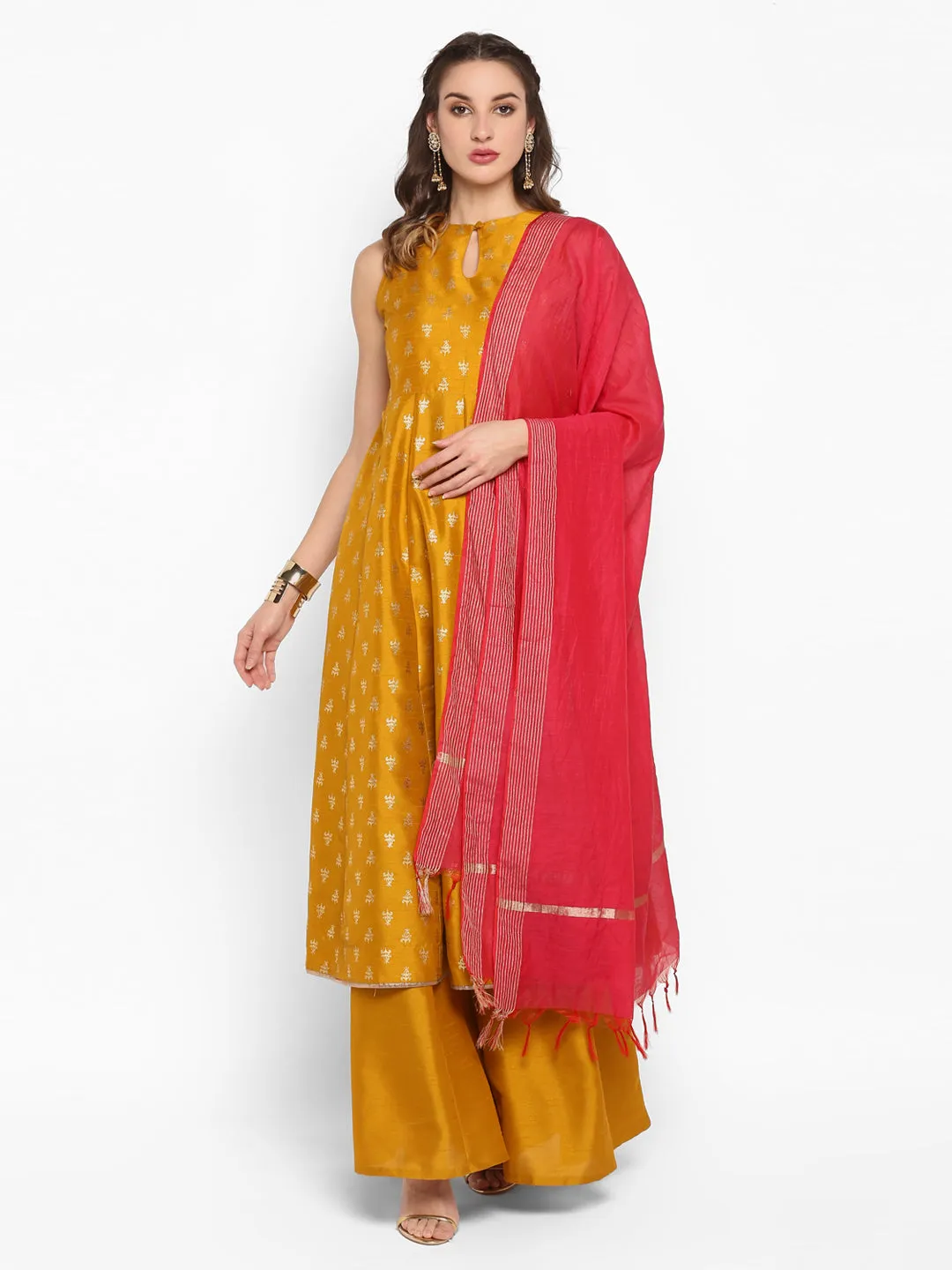 Mustard Poly Silk Kurta With Palazzo and Dupatta