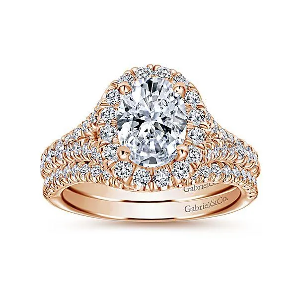 Oval Halo Subtle Split Shank Diamond Ring 14K Rose Gold 475A