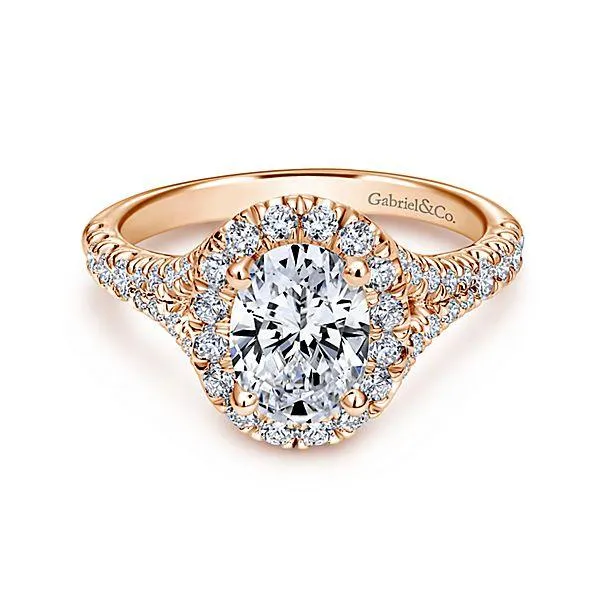 Oval Halo Subtle Split Shank Diamond Ring 14K Rose Gold 475A