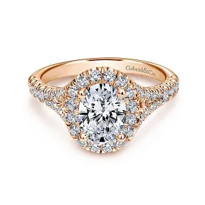 Oval Halo Subtle Split Shank Diamond Ring 14K Rose Gold 475A