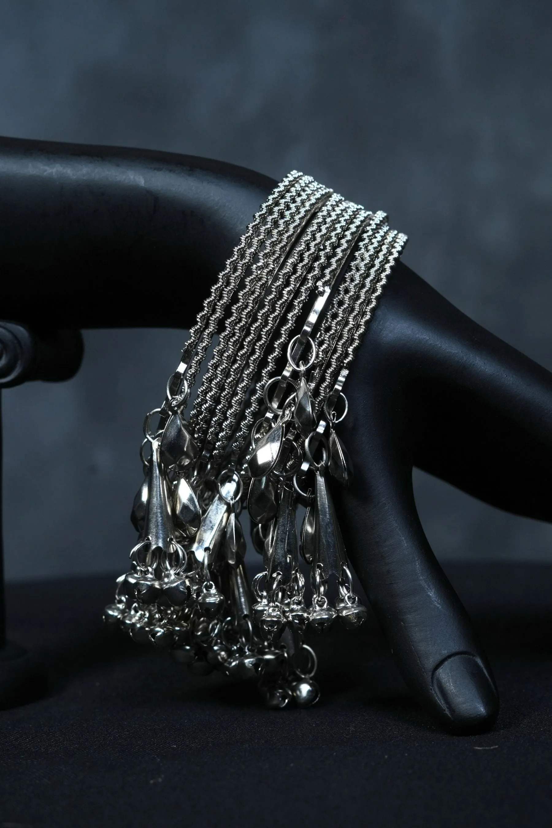 Oxidized White Metal Bangles with Hangings - Set of 4 piece | JCS Fashions