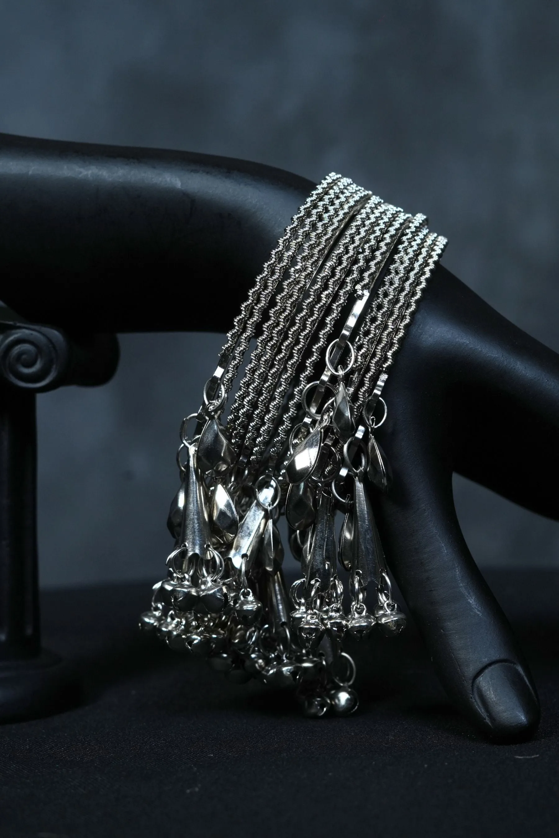 Oxidized White Metal Bangles with Hangings - Set of 4 piece | JCS Fashions
