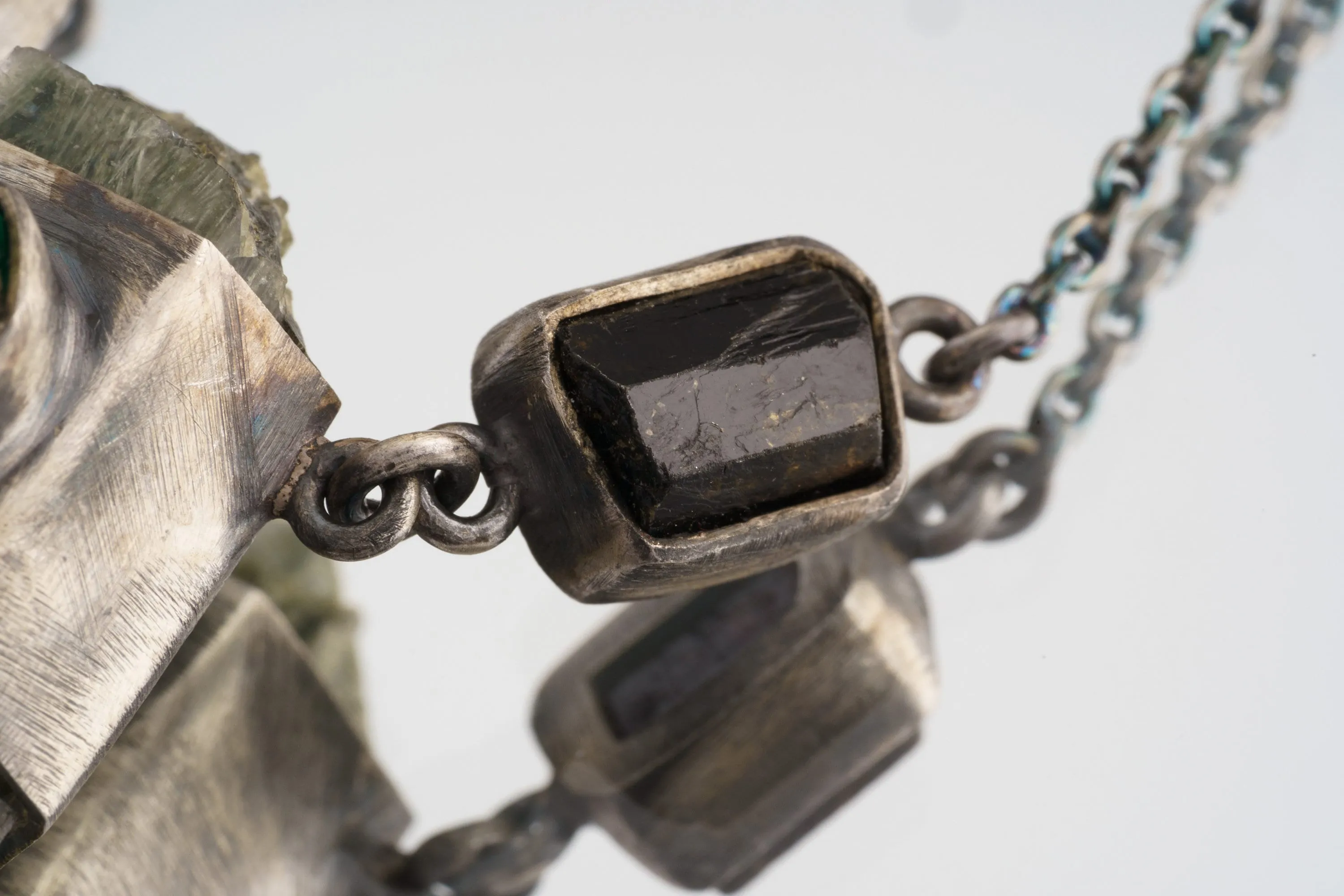 Raw Gem Emerald, Dravite Tourmaline & Wrapped Himalayan White Rutile Quartz Pendant, Aged Look Sterling Silver, ADJUSTABLE 16" Chain