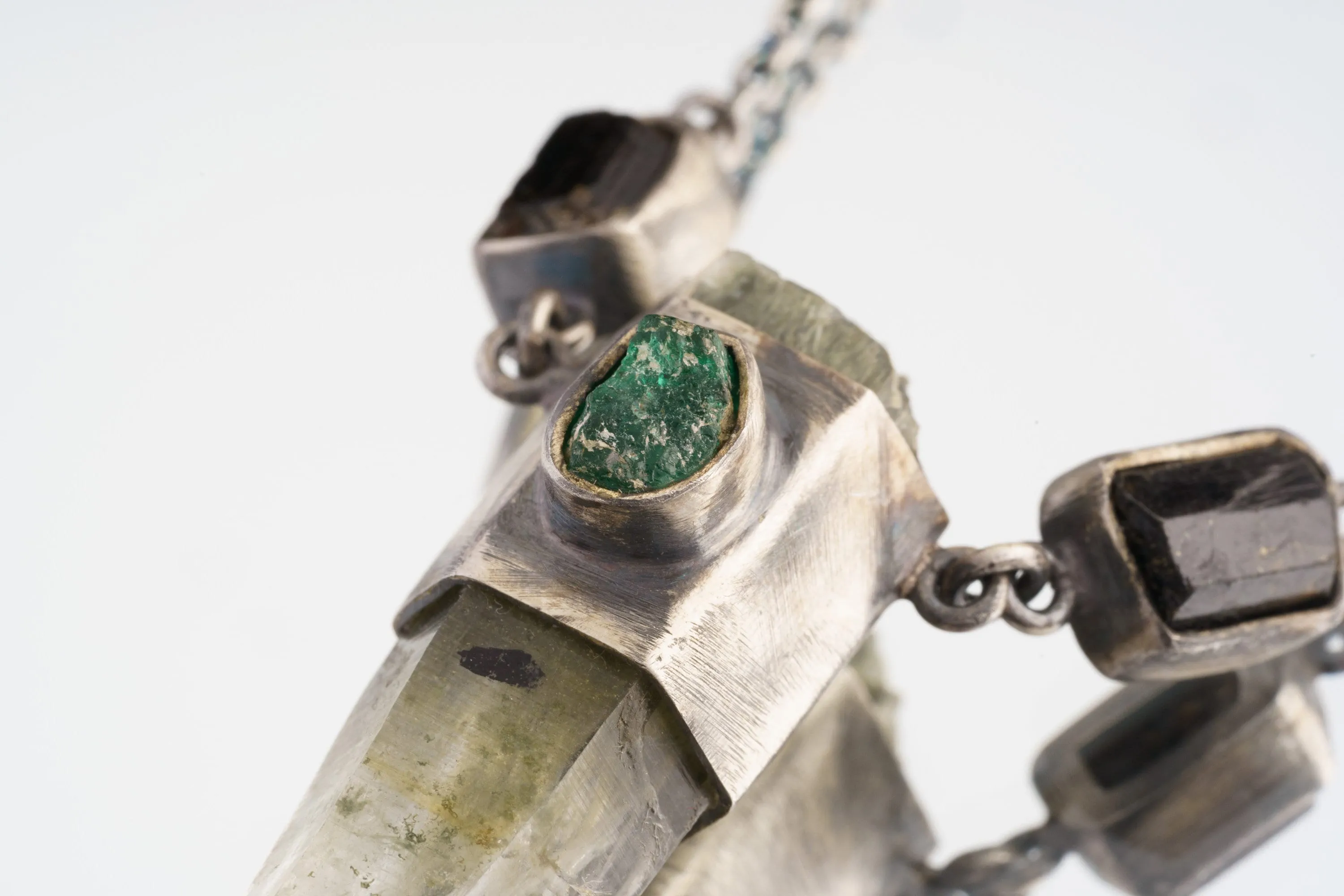 Raw Gem Emerald, Dravite Tourmaline & Wrapped Himalayan White Rutile Quartz Pendant, Aged Look Sterling Silver, ADJUSTABLE 16" Chain