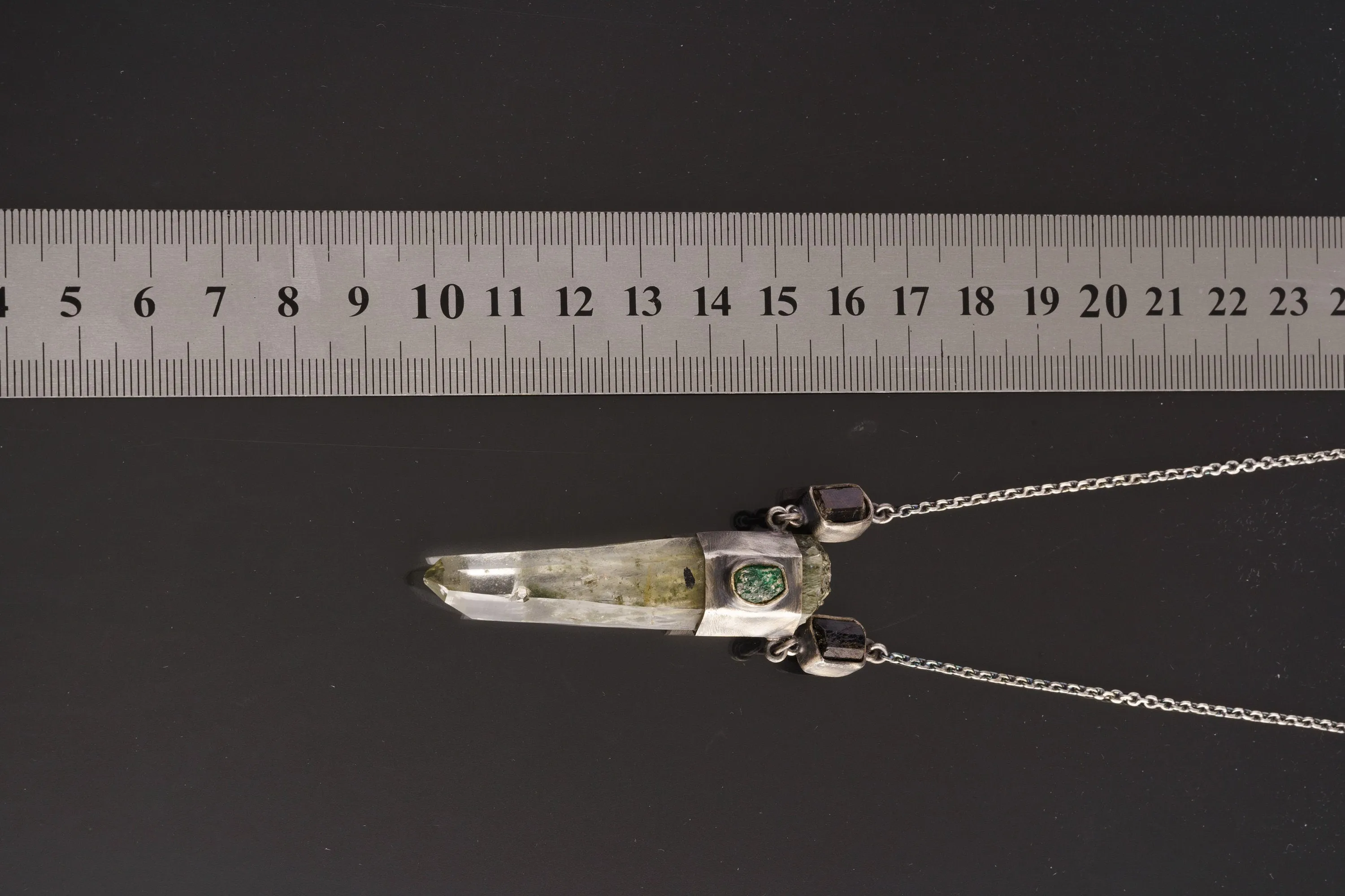 Raw Gem Emerald, Dravite Tourmaline & Wrapped Himalayan White Rutile Quartz Pendant, Aged Look Sterling Silver, ADJUSTABLE 16" Chain