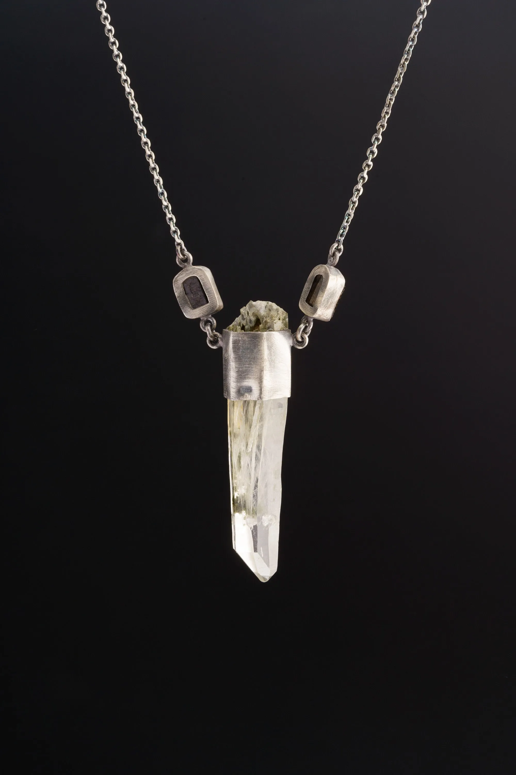 Raw Gem Emerald, Dravite Tourmaline & Wrapped Himalayan White Rutile Quartz Pendant, Aged Look Sterling Silver, ADJUSTABLE 16" Chain
