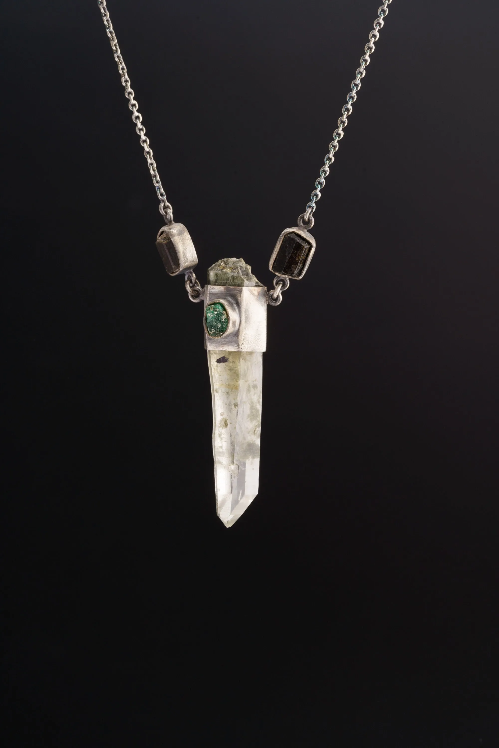 Raw Gem Emerald, Dravite Tourmaline & Wrapped Himalayan White Rutile Quartz Pendant, Aged Look Sterling Silver, ADJUSTABLE 16" Chain