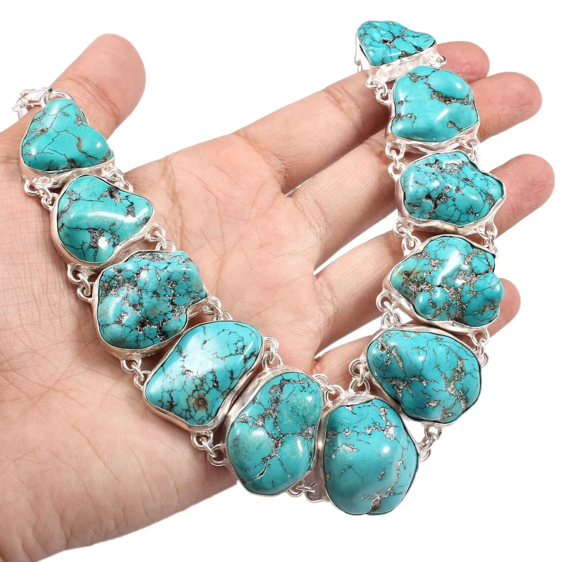 Raw Turquoise Bohemian Choker Necklace For Women - 925 Solid Sterling Silver Necklace